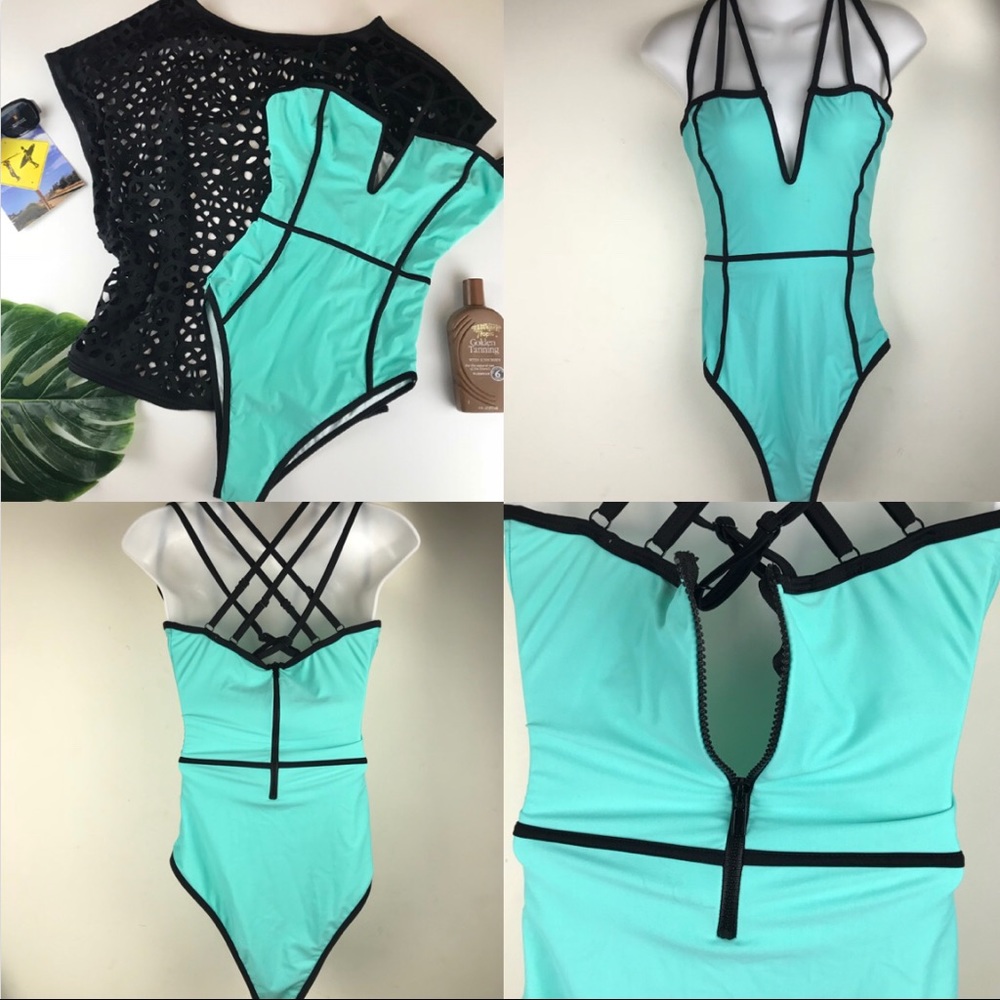 Rare London turquoise bathing suit black trim Sz 6